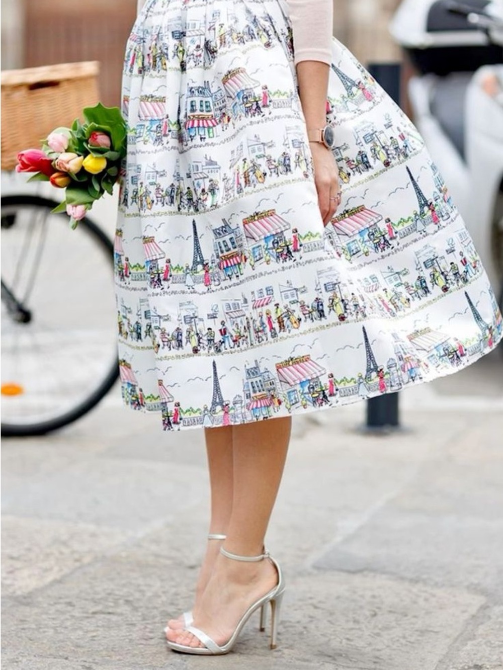 Chi wish White Paris Print Midi Skirt S S-M